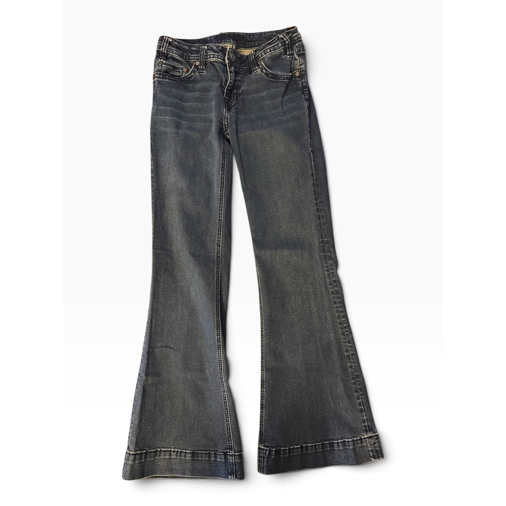 Rock and Roll Cowgirl Mid Rise Trouser Flare Jeans Dark Wash 25x32